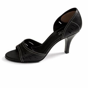 Franco Sarto Black Leather High Heel Sandals White Stitching D’Orsay NEW